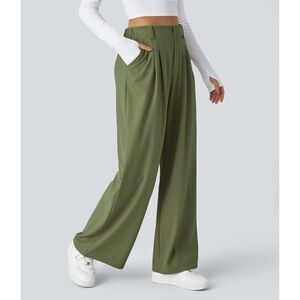 Halara Flex High Waisted Pocket Wide Leg Waffle Work Pants Loden Green Sz S NWT